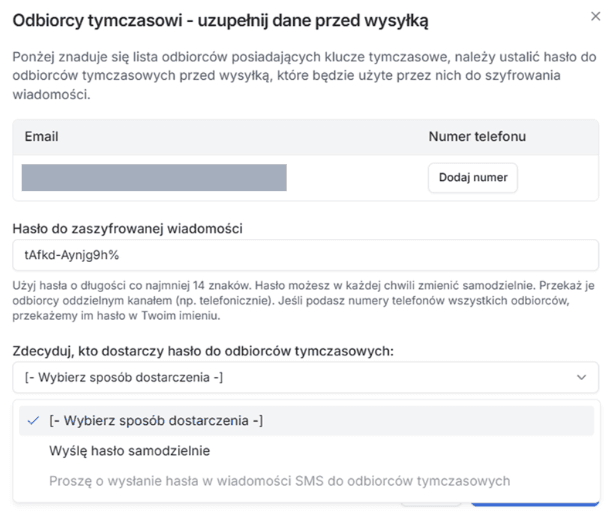 Widok okna ustalania i przekazywania hasła dla odbiorcy tymczasowego 