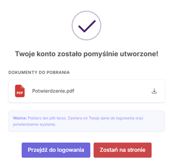 Informacja o pomyślnym utworzeniu konta w szyfrujpoczte.pl i dokument z potwierdzeniem wysłania wiadomości wraz z danymi dostępowymi 
