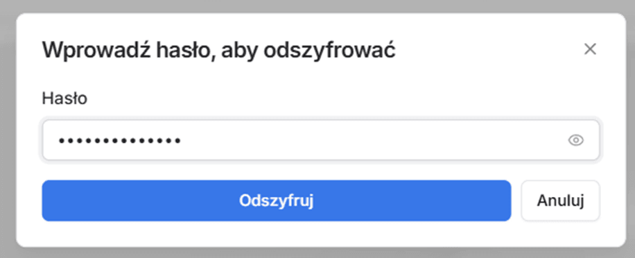 Widok okna wprowadzania hasła w szyfruj pocztę