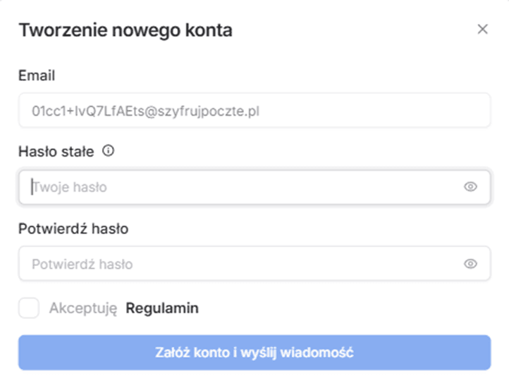 Widok tworzenia konta użytkownika w szyfrujpoczte.pl