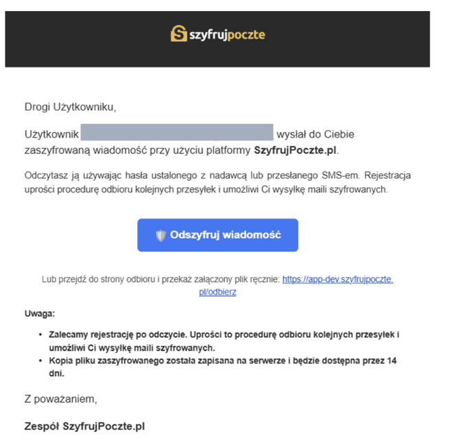 Powiadomienie o nowej wiadomości przekazanej za pomocą szyfruj pocztę