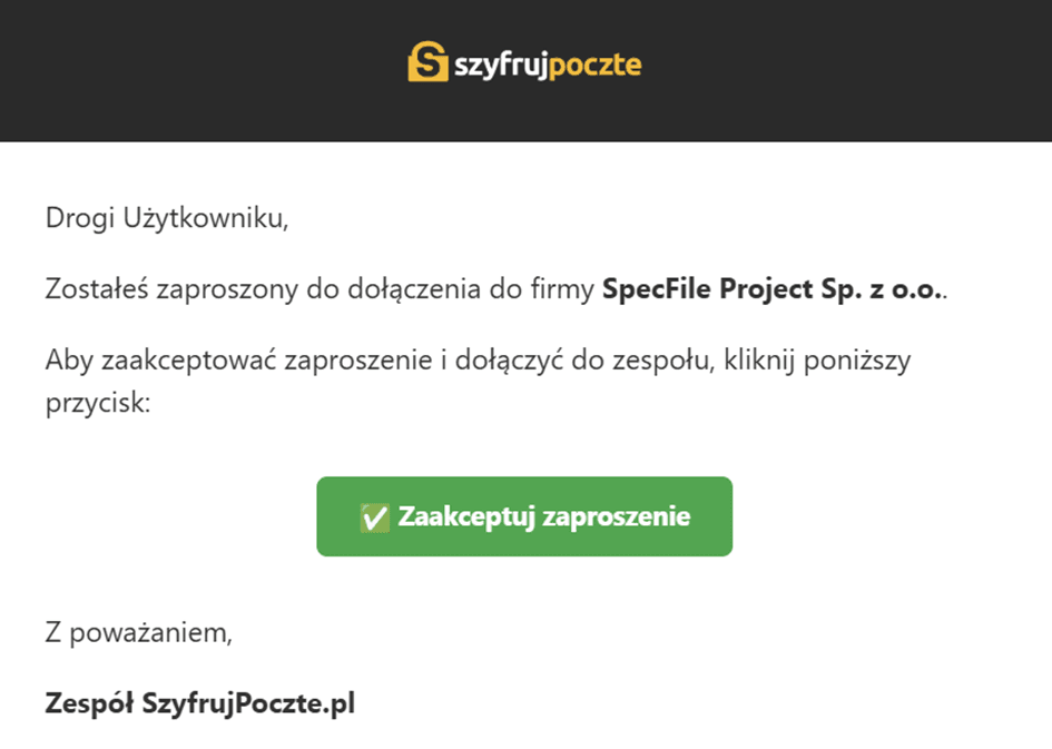 Zaproszenie do zespołu korzystającego z Szyfruj Pocztę