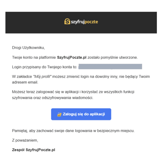 Potwierdzenie e-mail o utworzeniu konta członka zespołu w Szyfruj Pocztę