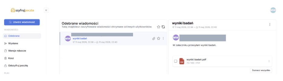 Widok odebranych wiadomości w szyfruj pocztę