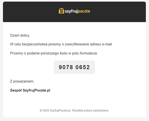 Wiadomość e-mail z kodem weryfikacyjnym