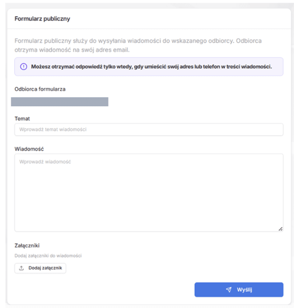 Widok formularza jednostronnego w szyfrujepoczte.pl