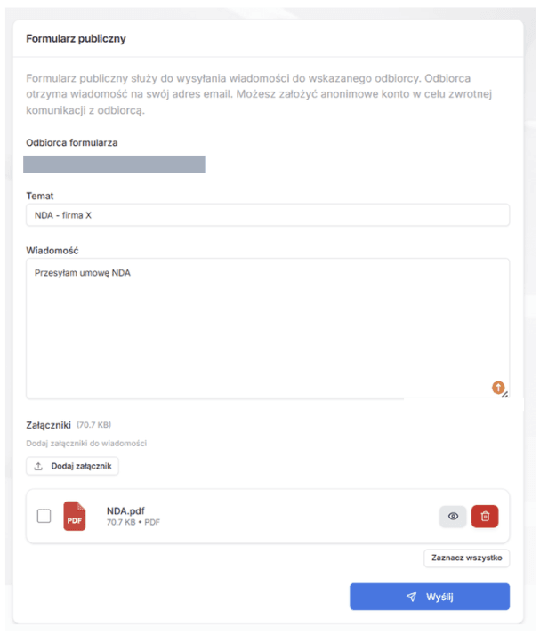 Widok formularza dwustronnego w szyfrujpoczte.pl